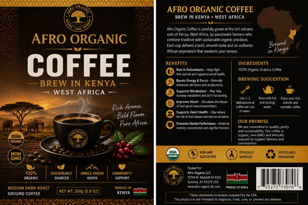 Afro Organic Coffee - Medium Dark Roast, Brewed in Kenya
